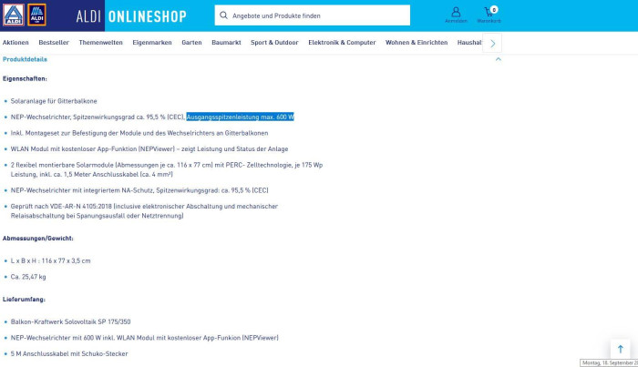 Die Verbraucherschützer befürchten, dass Käufer die genannte "Ausgangspitzenleistung" auf das gesamte Balkonkraftwerk beziehen. (aldi-onlineshop.de/Screenshot und Hervorhebung: Golem.de)